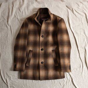 Johnston & Murphy Wool Blend Upton Car Coat Brown Shadow Plaid Small